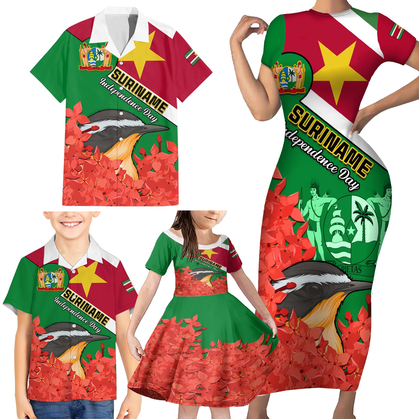 Personalised Suriname Independence Day Family Matching Short Sleeve Bodycon Dress and Hawaiian Shirt Lesser Kiskadee With Scarlet Jungle Flame Flower - Wonder Print Shop