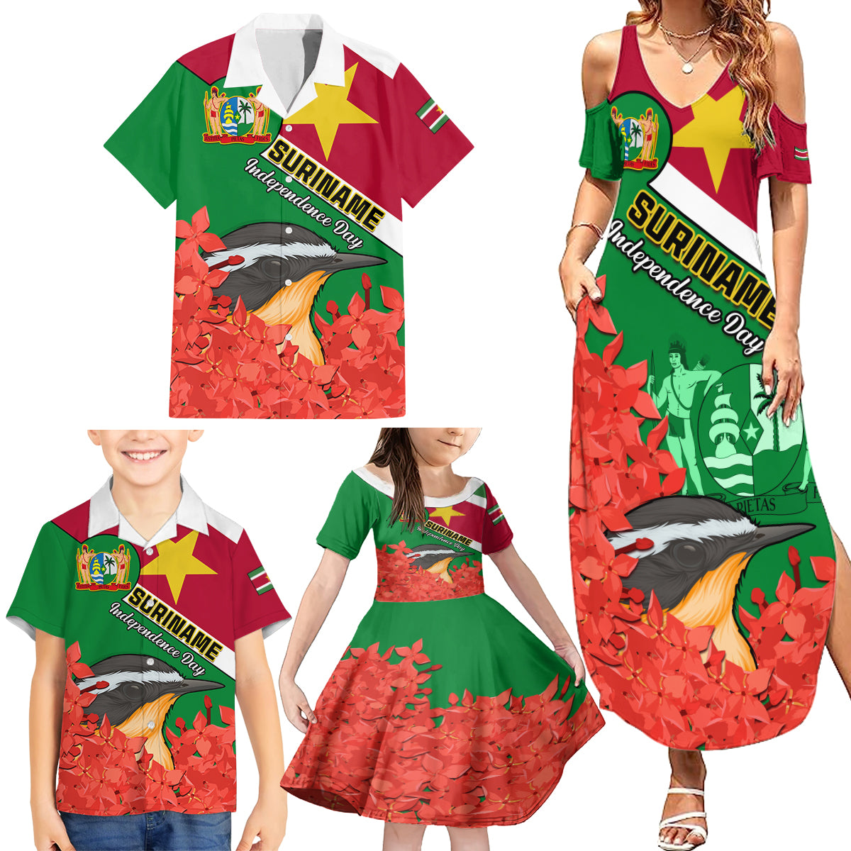 Personalised Suriname Independence Day Family Matching Summer Maxi Dress and Hawaiian Shirt Lesser Kiskadee With Scarlet Jungle Flame Flower - Wonder Print Shop