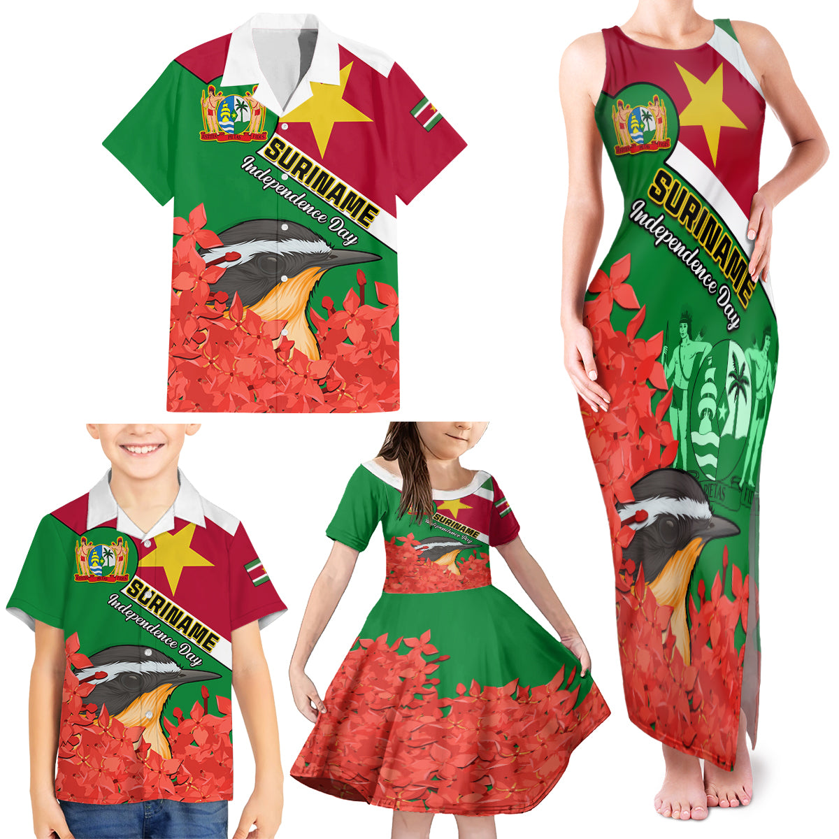 Personalised Suriname Independence Day Family Matching Tank Maxi Dress and Hawaiian Shirt Lesser Kiskadee With Scarlet Jungle Flame Flower - Wonder Print Shop