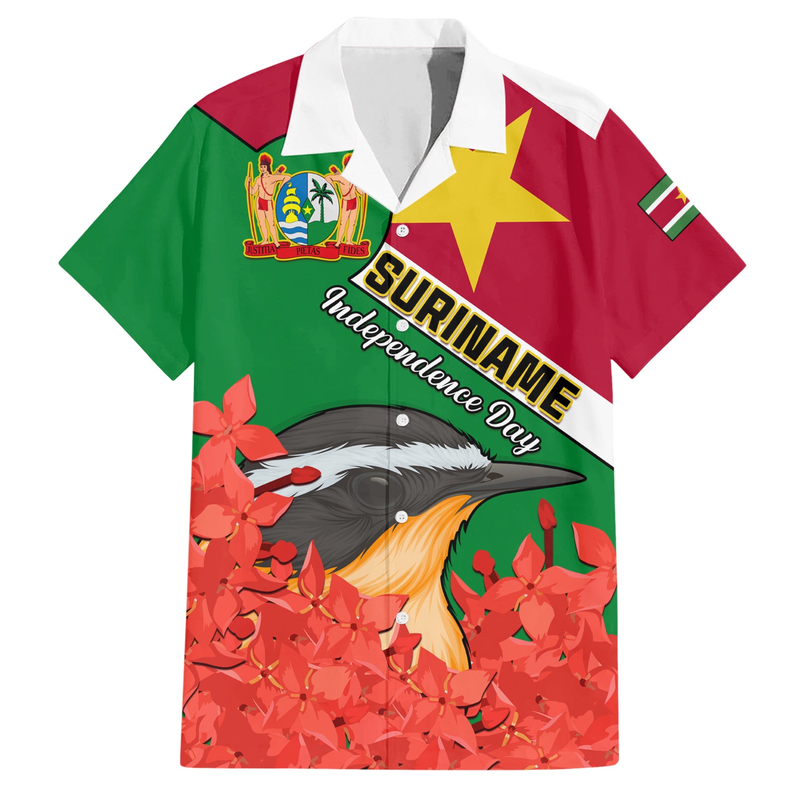 Personalised Suriname Independence Day Hawaiian Shirt Lesser Kiskadee With Scarlet Jungle Flame Flower - Wonder Print Shop