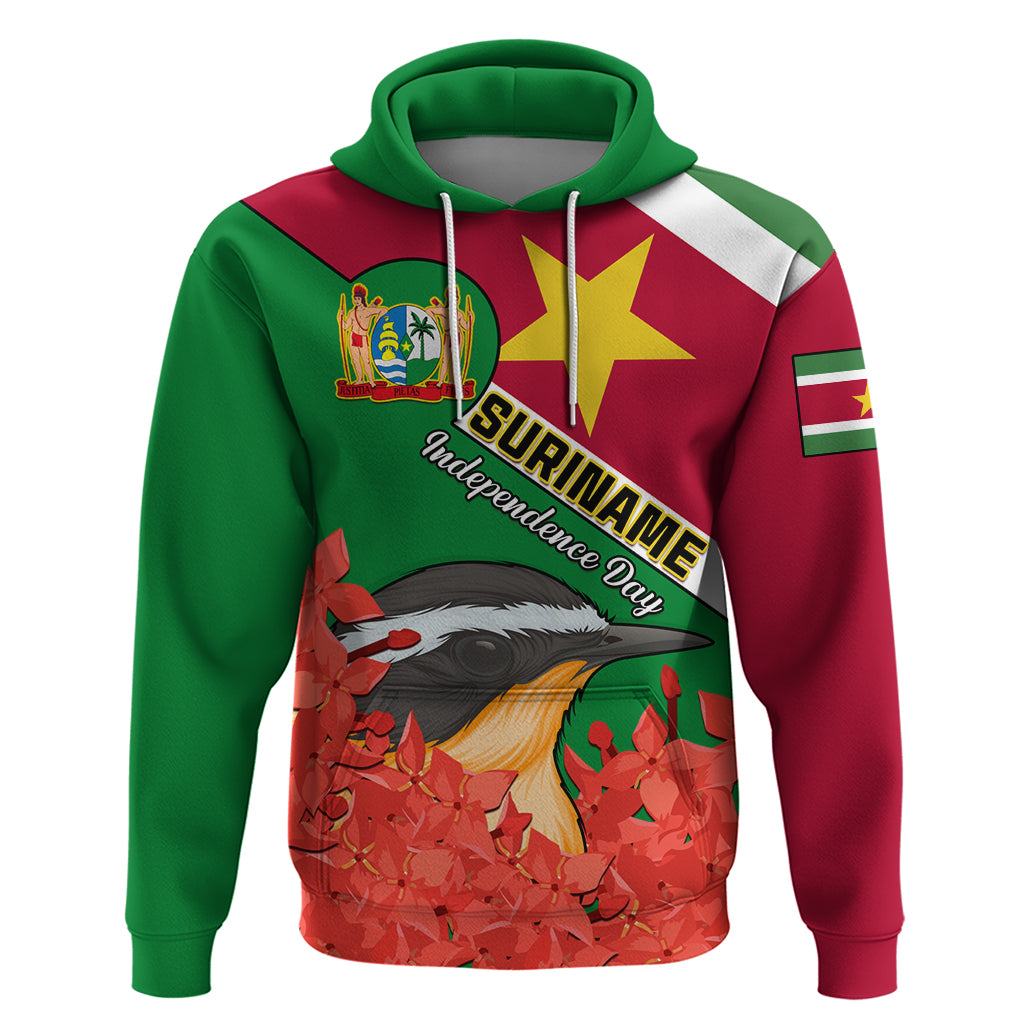 Personalised Suriname Independence Day Hoodie Lesser Kiskadee With Scarlet Jungle Flame Flower - Wonder Print Shop