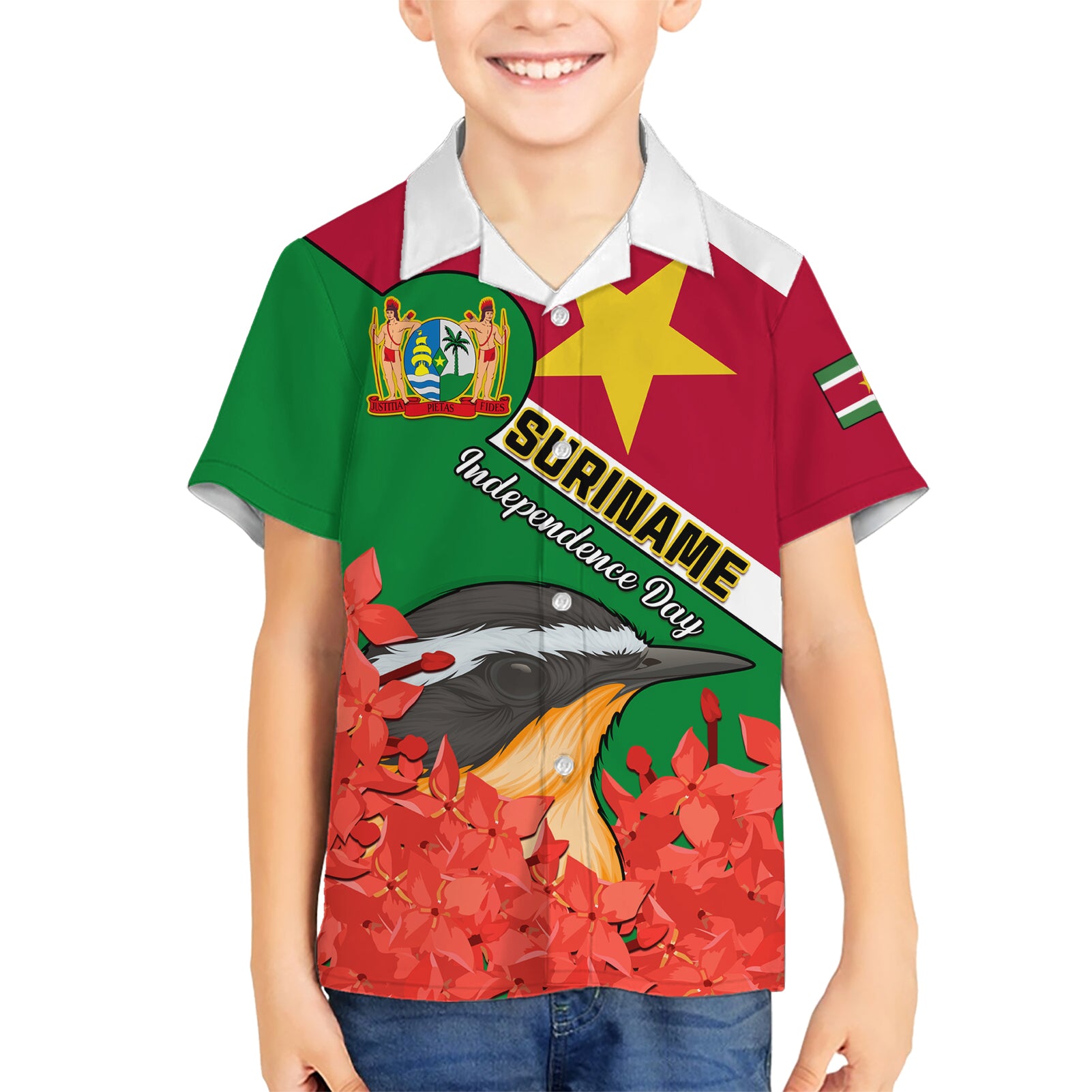 Personalised Suriname Independence Day Kid Hawaiian Shirt Lesser Kiskadee With Scarlet Jungle Flame Flower - Wonder Print Shop