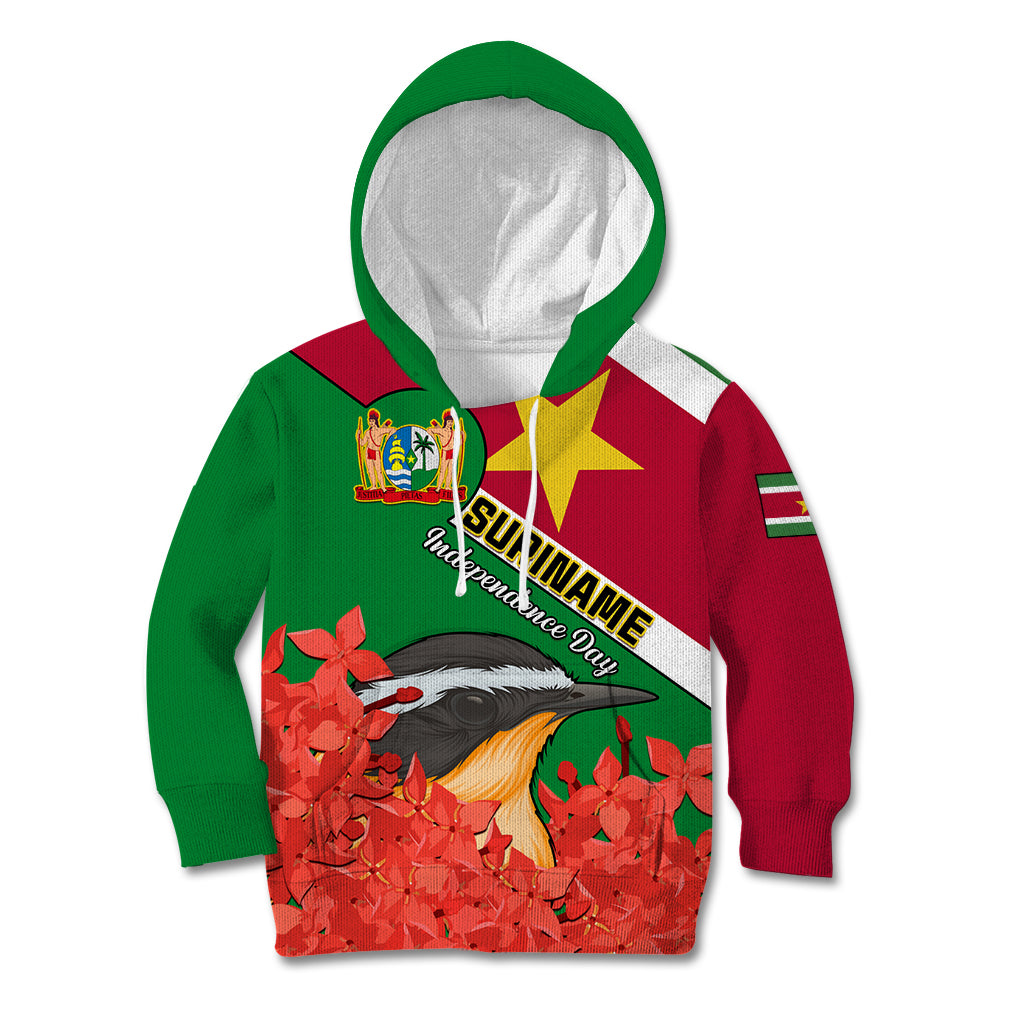 Personalised Suriname Independence Day Kid Hoodie Lesser Kiskadee With Scarlet Jungle Flame Flower - Wonder Print Shop