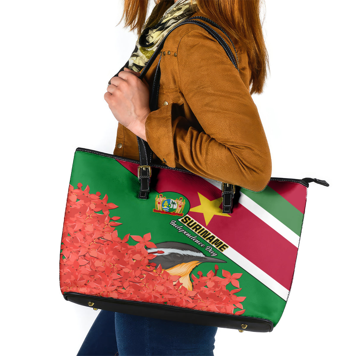 Suriname Independence Day Leather Tote Bag Lesser Kiskadee With Scarlet Jungle Flame Flower - Wonder Print Shop