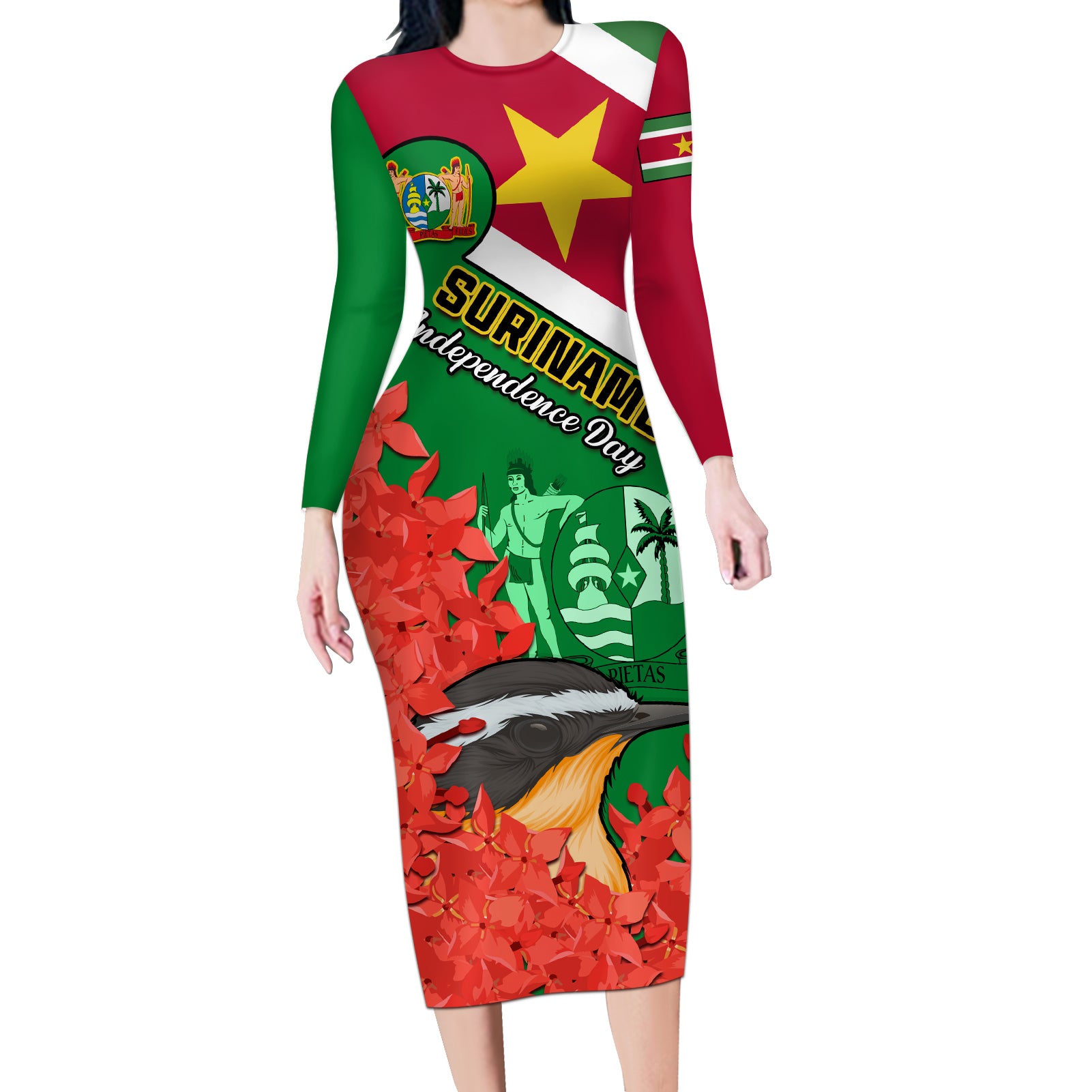 Personalised Suriname Independence Day Long Sleeve Bodycon Dress Lesser Kiskadee With Scarlet Jungle Flame Flower - Wonder Print Shop