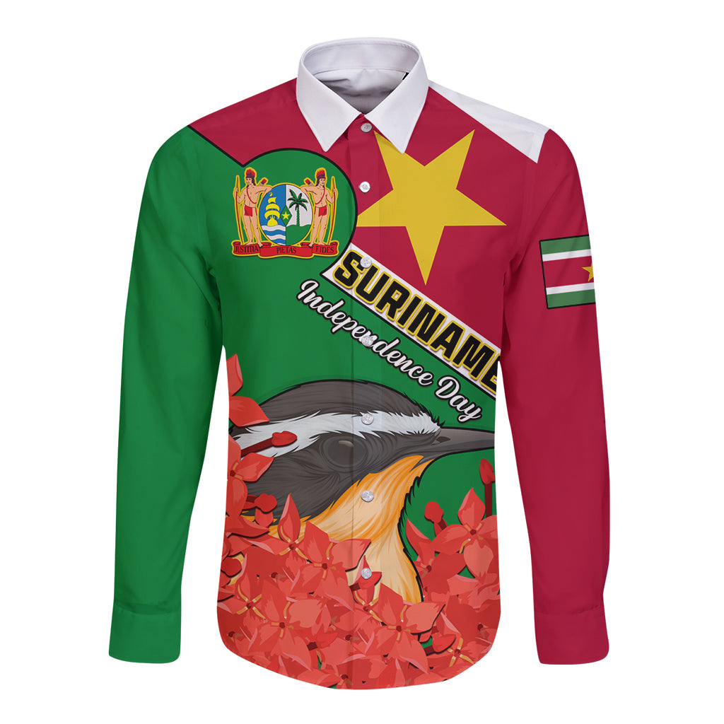 Long sleeve button shirt with green and maroon graphic, white collar and red bird print