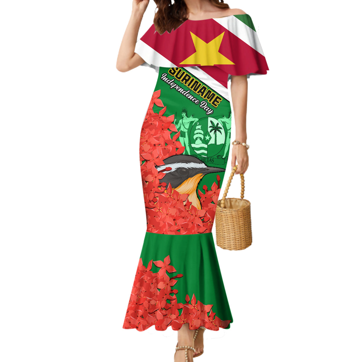 Personalised Suriname Independence Day Mermaid Dress Lesser Kiskadee With Scarlet Jungle Flame Flower - Wonder Print Shop