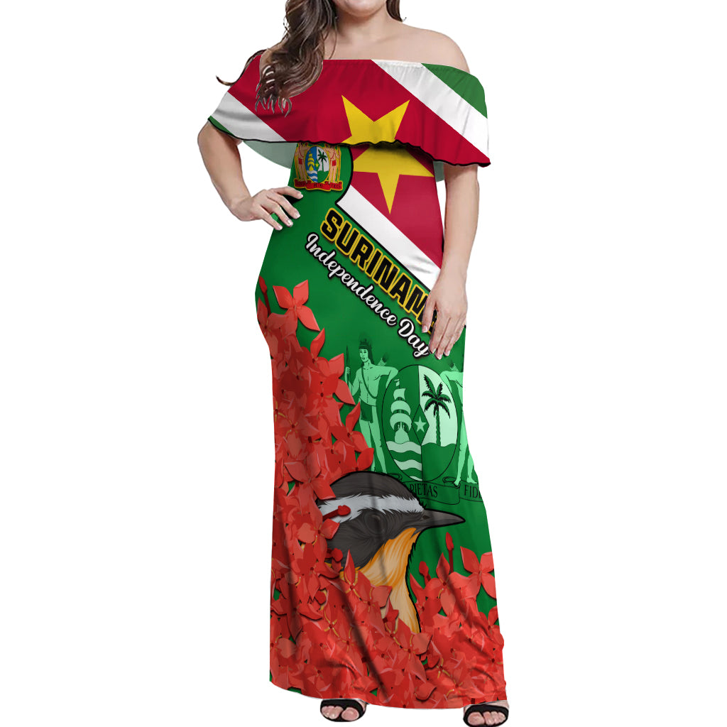 Personalised Suriname Independence Day Off Shoulder Maxi Dress Lesser Kiskadee With Scarlet Jungle Flame Flower - Wonder Print Shop