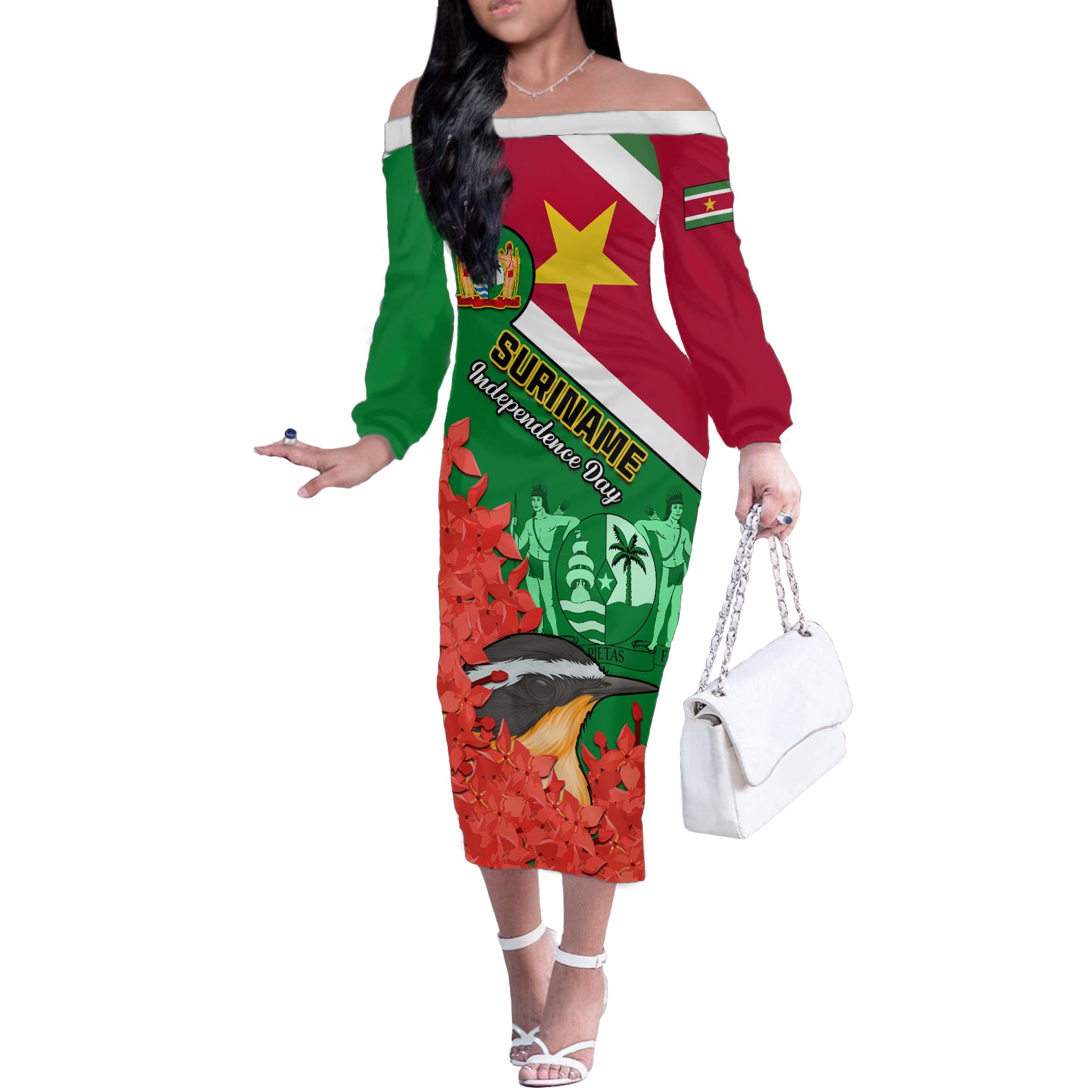 Personalised Suriname Independence Day Off The Shoulder Long Sleeve Dress Lesser Kiskadee With Scarlet Jungle Flame Flower - Wonder Print Shop