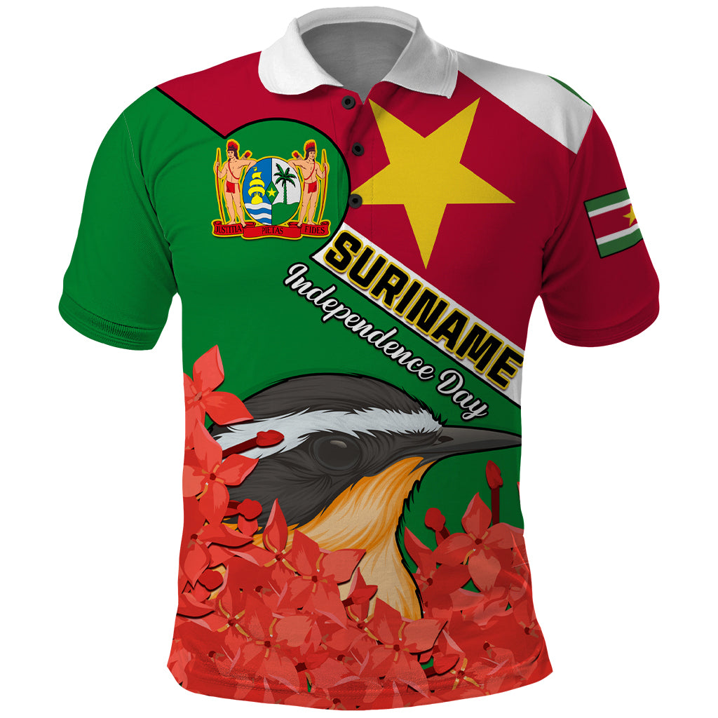 Personalised Suriname Independence Day Polo Shirt Lesser Kiskadee With Scarlet Jungle Flame Flower - Wonder Print Shop