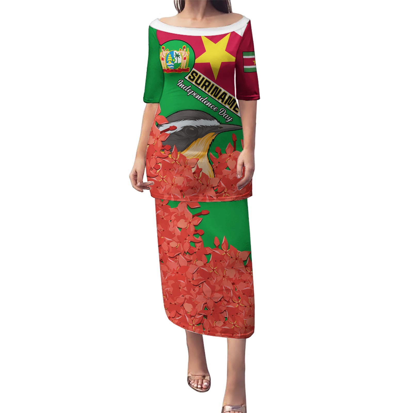 Personalised Suriname Independence Day Puletasi Lesser Kiskadee With Scarlet Jungle Flame Flower - Wonder Print Shop