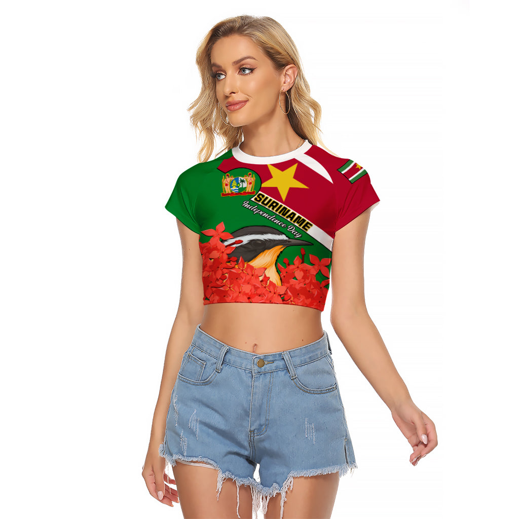 Personalised Suriname Independence Day Raglan Cropped T Shirt Lesser Kiskadee With Scarlet Jungle Flame Flower - Wonder Print Shop