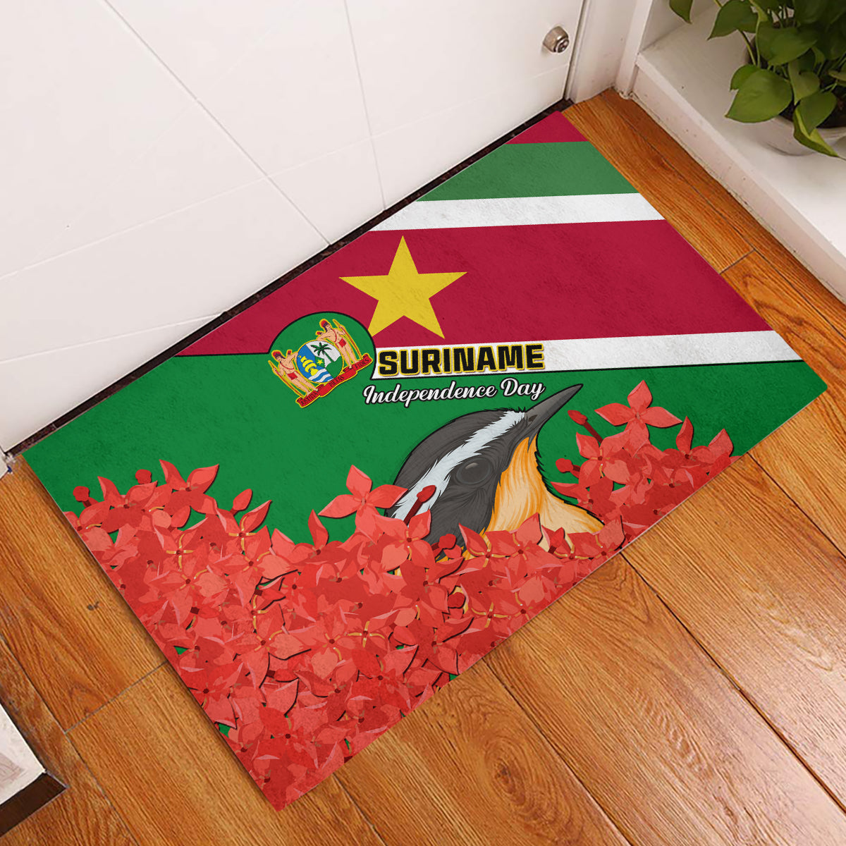 Suriname Independence Day Rubber Doormat Lesser Kiskadee With Scarlet Jungle Flame Flower - Wonder Print Shop