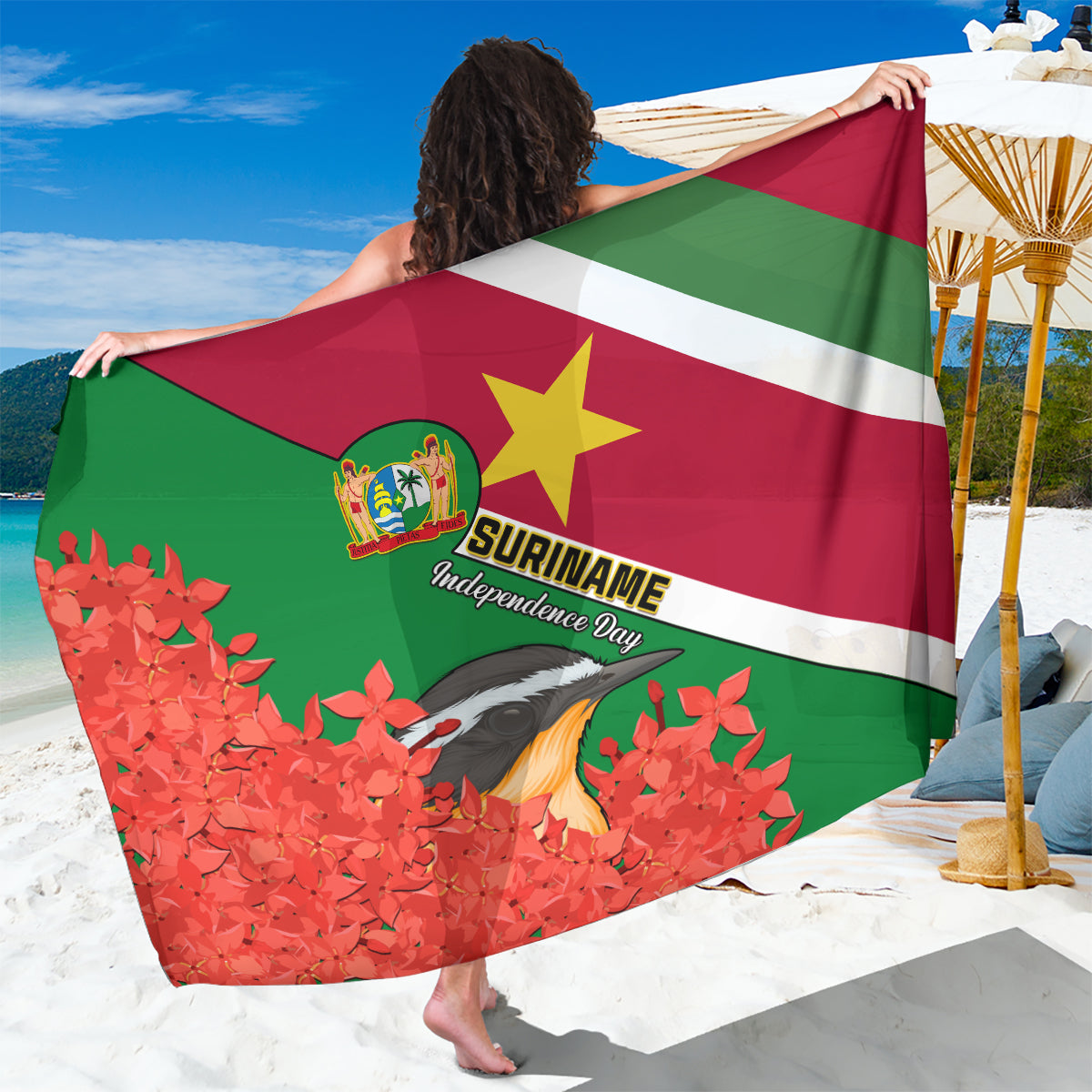 Suriname Independence Day Sarong Lesser Kiskadee With Scarlet Jungle Flame Flower - Wonder Print Shop