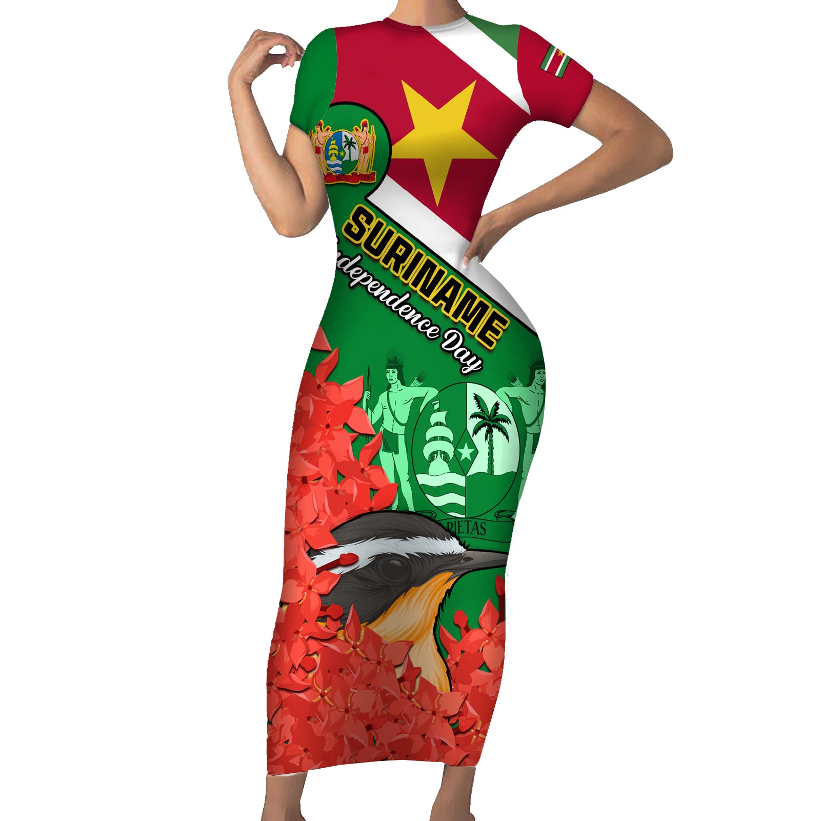 Personalised Suriname Independence Day Short Sleeve Bodycon Dress Lesser Kiskadee With Scarlet Jungle Flame Flower - Wonder Print Shop