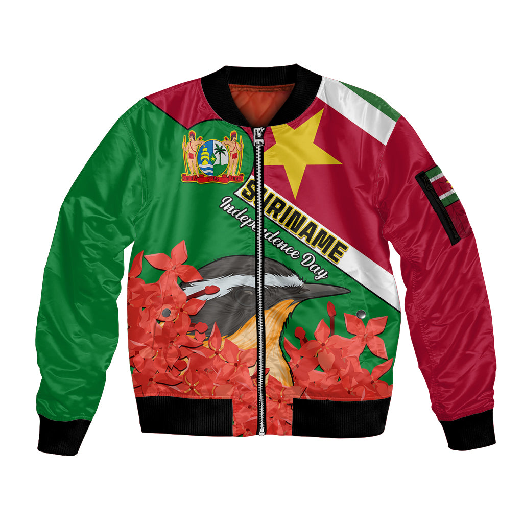 Personalised Suriname Independence Day Sleeve Zip Bomber Jacket Lesser Kiskadee With Scarlet Jungle Flame Flower - Wonder Print Shop