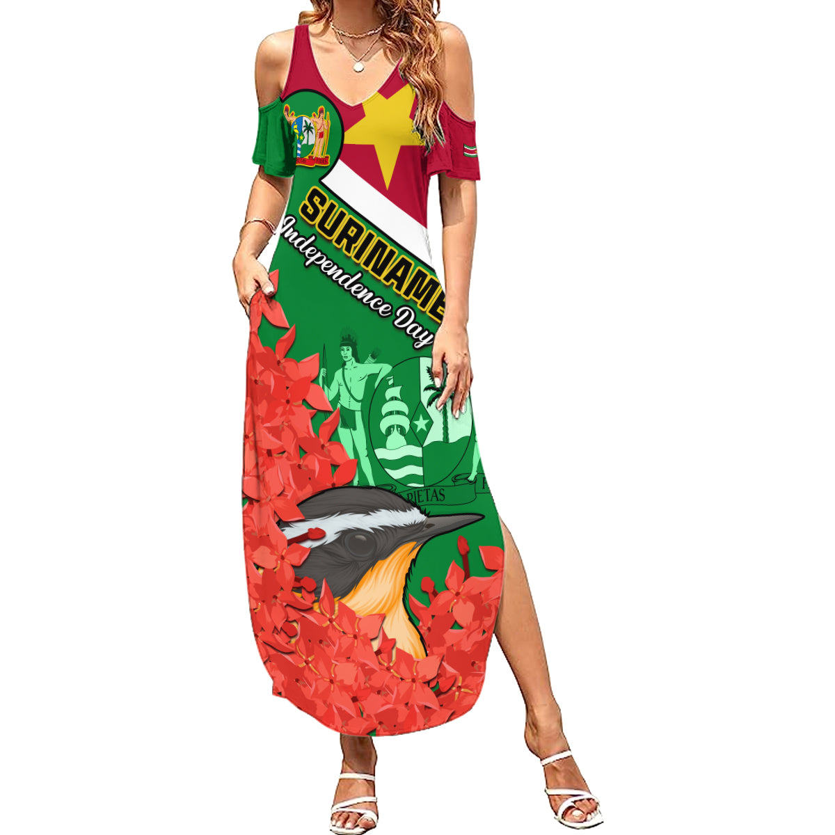 Personalised Suriname Independence Day Summer Maxi Dress Lesser Kiskadee With Scarlet Jungle Flame Flower - Wonder Print Shop