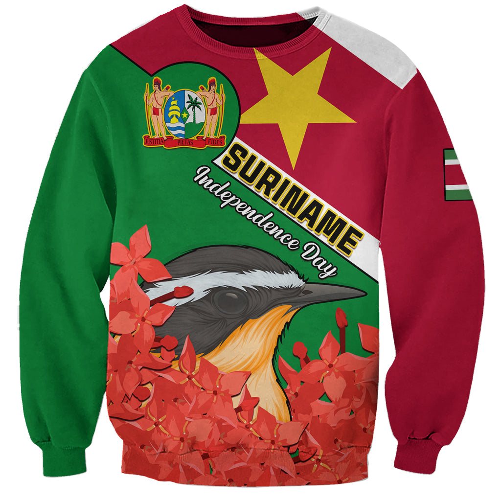 Personalised Suriname Independence Day Sweatshirt Lesser Kiskadee With Scarlet Jungle Flame Flower - Wonder Print Shop