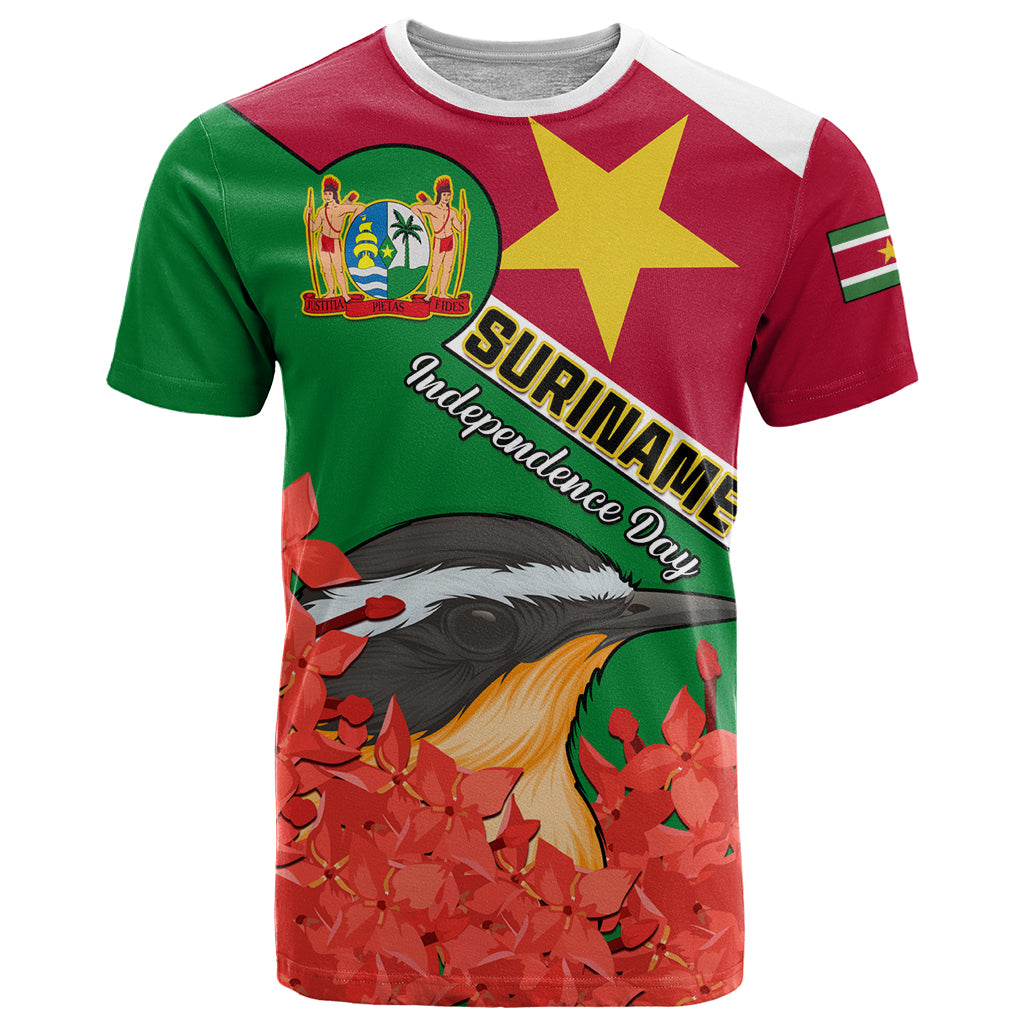 Personalised Suriname Independence Day T Shirt Lesser Kiskadee With Scarlet Jungle Flame Flower - Wonder Print Shop