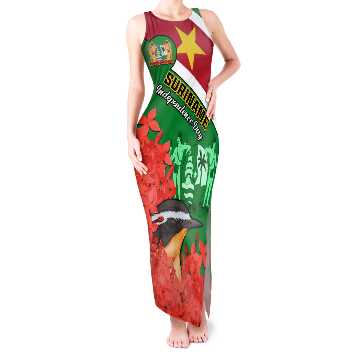 Personalised Suriname Independence Day Tank Maxi Dress Lesser Kiskadee With Scarlet Jungle Flame Flower - Wonder Print Shop