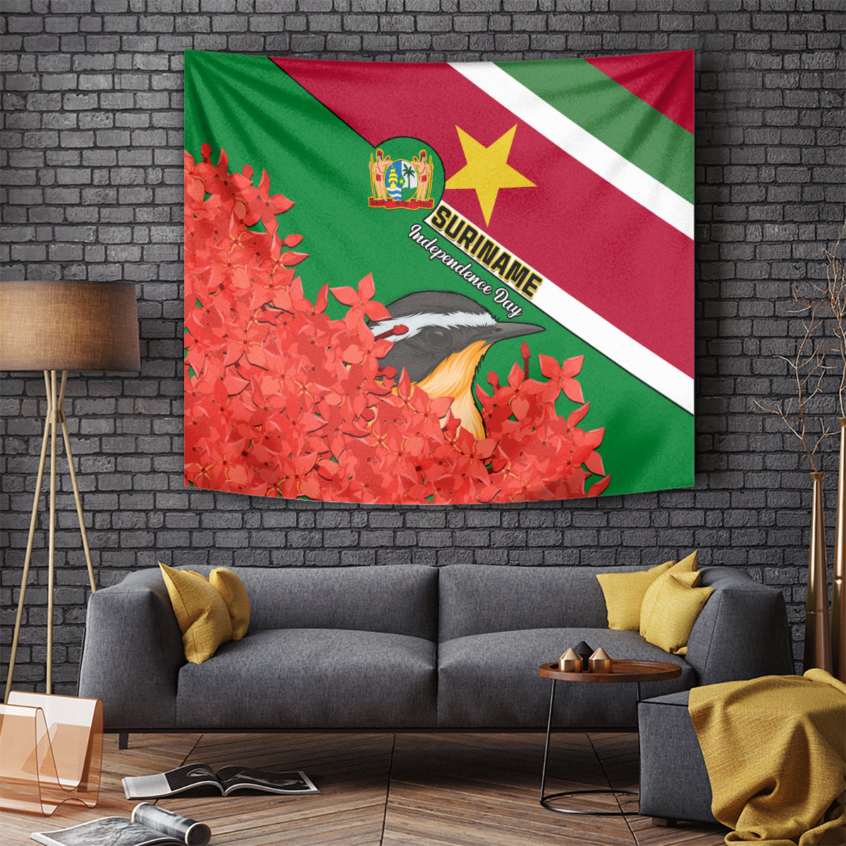 Wall tapestry featuring Suriname flag colors, crest and yellow star with a bird in red flowers
