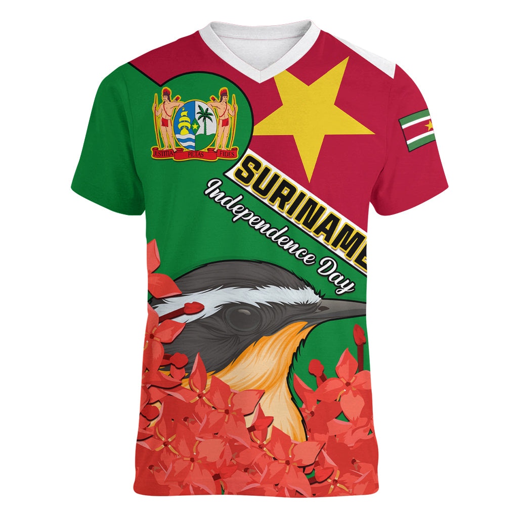 Personalised Suriname Independence Day Women V Neck T Shirt Lesser Kiskadee With Scarlet Jungle Flame Flower - Wonder Print Shop