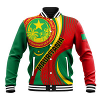 Multicolor baseball jacket with green/red body and circular emblem, striped collar and cuffs.