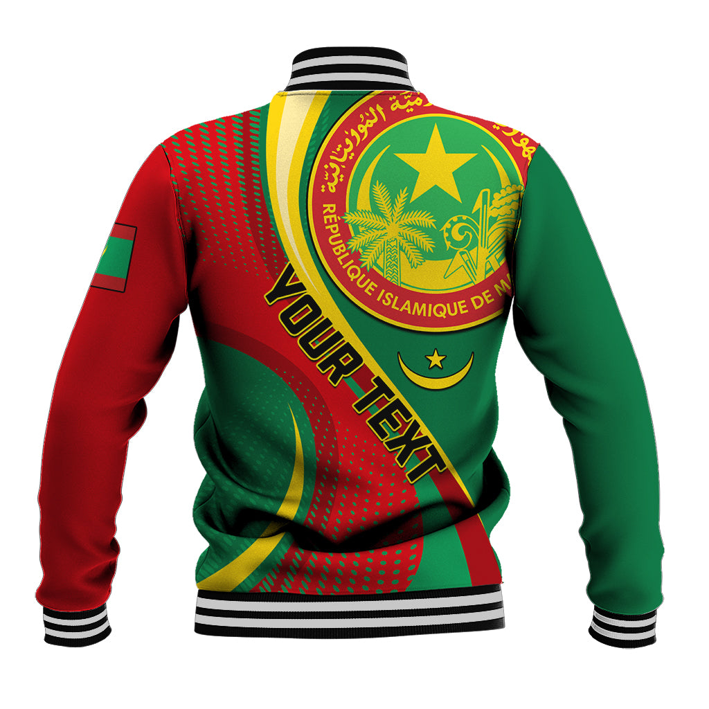 Back view baseball jacket with large circular emblem, V-shaped band, striped collar and hem.