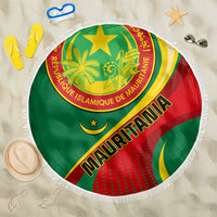Round beach blanket with green-red Mauritania flag seal and white fringed edge