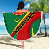 Round Mauritania flag beach blanket with large seal design and fringed border