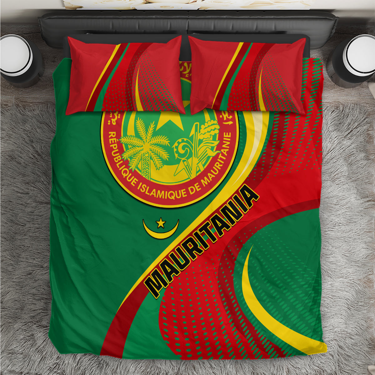 Green, red and yellow Mauritania-themed bedding set with emblem and 'Mauritania' text