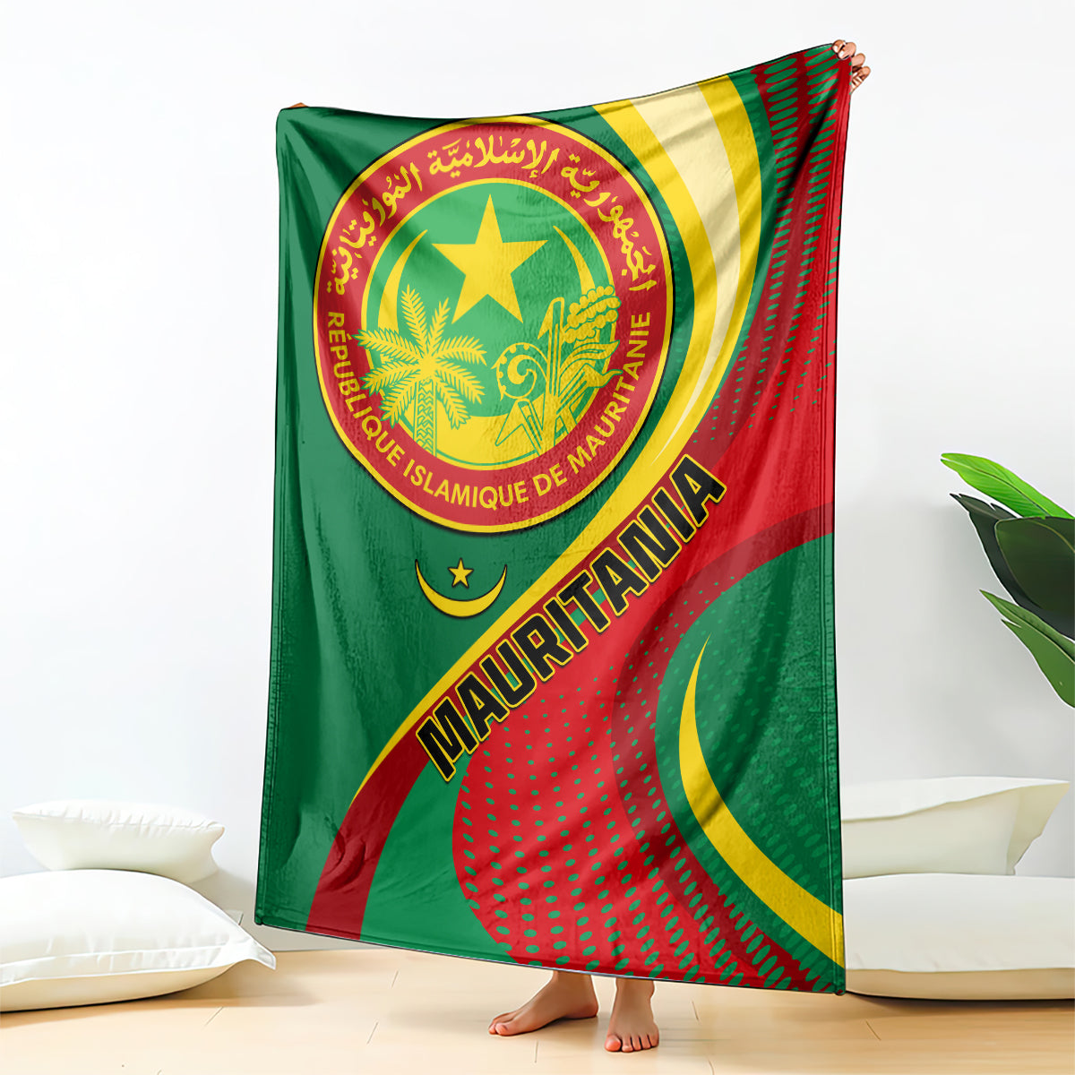 Green Mauritania Independence Day blanket with red-yellow border and crest; “MAURITANIA” text