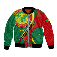 Unisex bomber jacket with red and green satin, front zip, black ribbed cuffs and collar.
