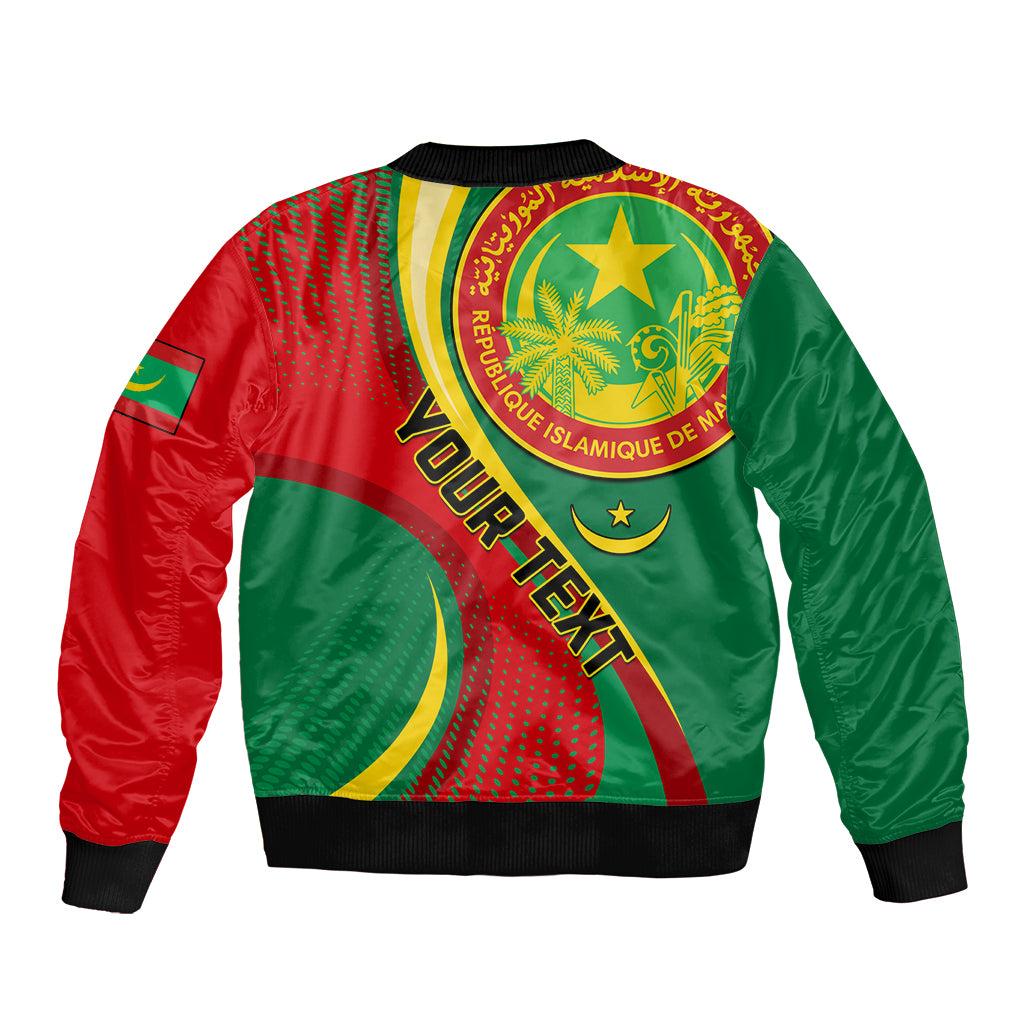 Unisex bomber jacket with red and green satin, back graphic, black ribbed cuffs and hem.