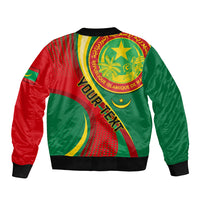 Unisex bomber jacket with red and green satin, back graphic, black ribbed cuffs and hem.