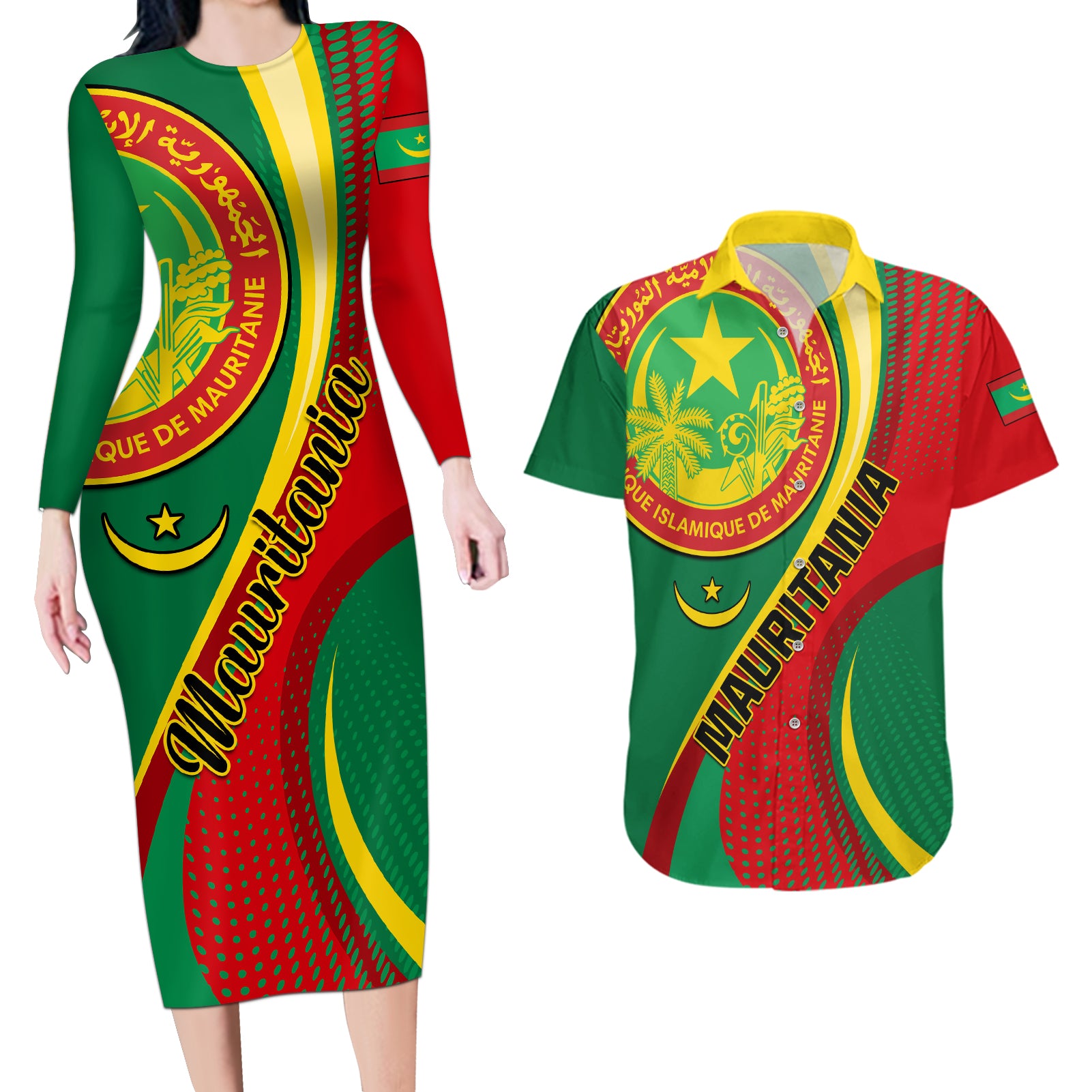 Personalised Mauritania Independence Day Couples Matching Long Sleeve Bodycon Dress and Hawaiian Shirt Mauritanian Seal Special Version - Wonder Print Shop