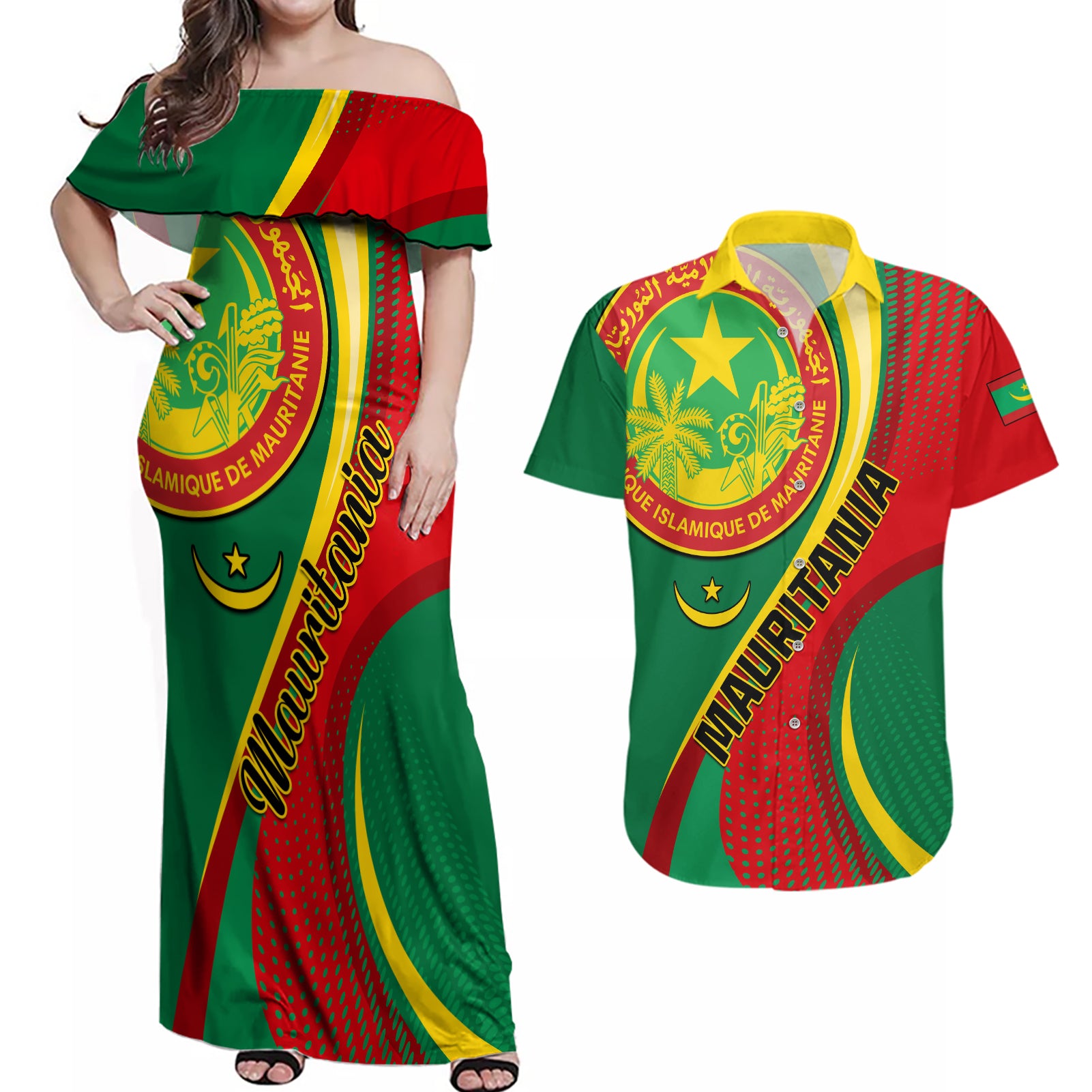 Personalised Mauritania Independence Day Couples Matching Off Shoulder Maxi Dress and Hawaiian Shirt Mauritanian Seal Special Version - Wonder Print Shop