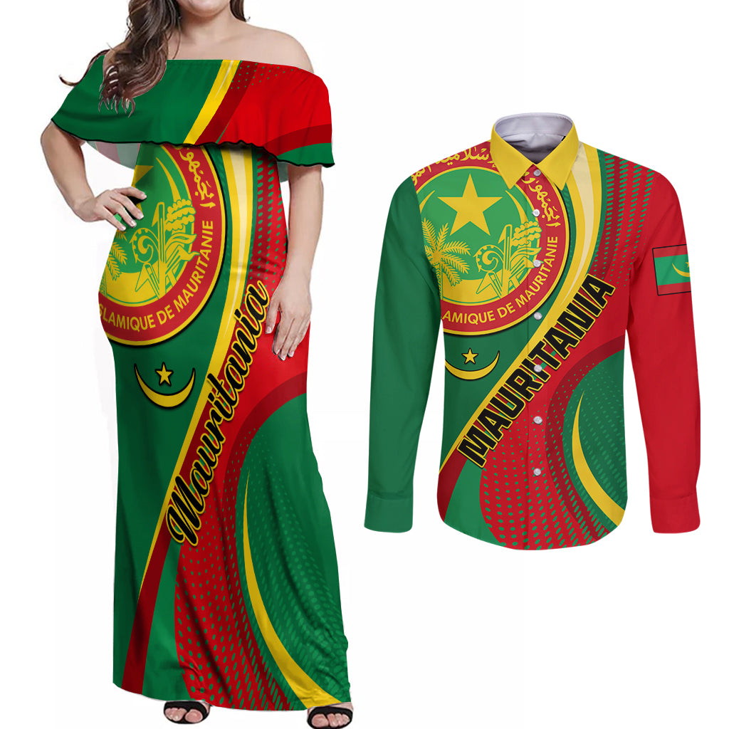 Personalised Mauritania Independence Day Couples Matching Off Shoulder Maxi Dress and Long Sleeve Button Shirt Mauritanian Seal Special Version - Wonder Print Shop