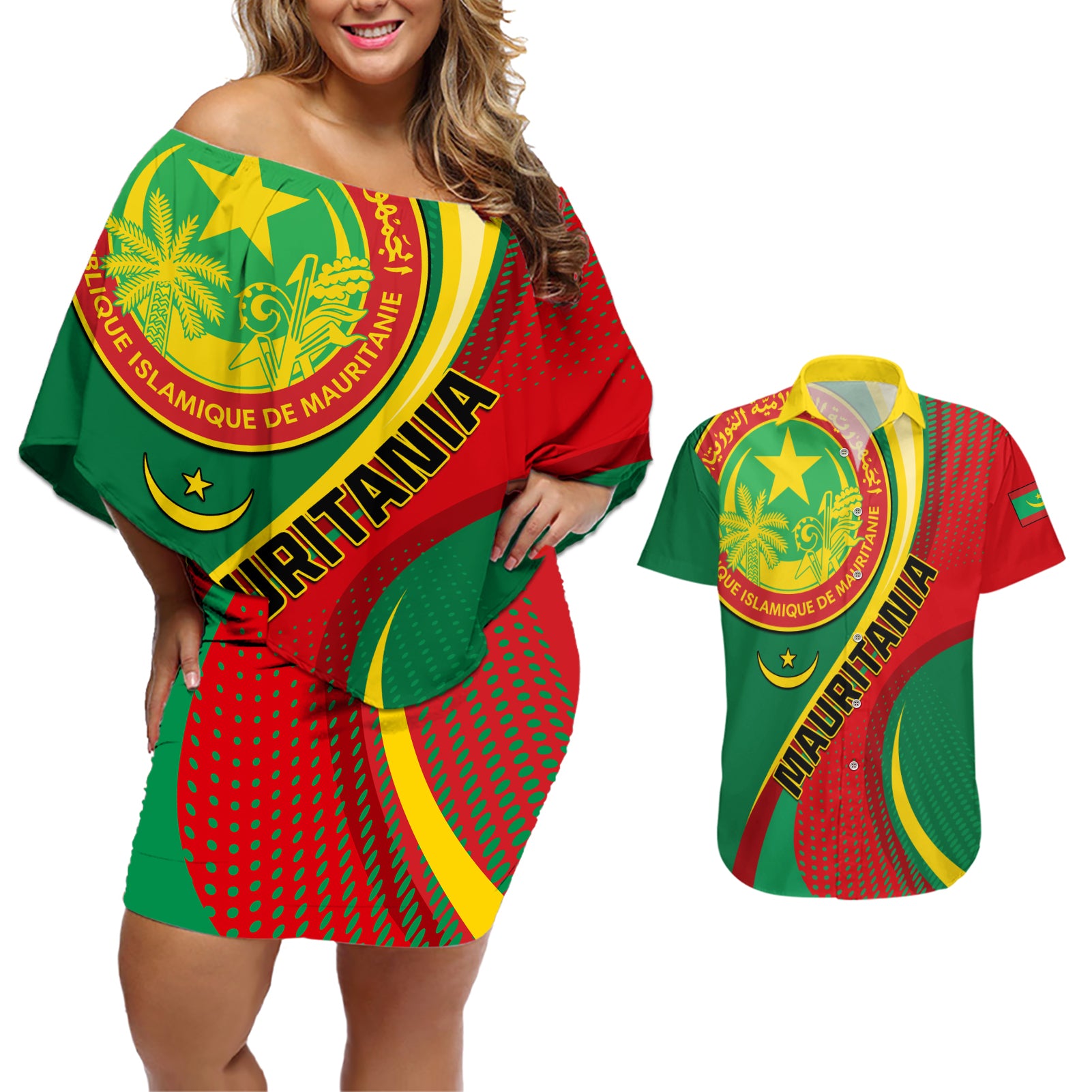 Personalised Mauritania Independence Day Couples Matching Off Shoulder Short Dress and Hawaiian Shirt Mauritanian Seal Special Version - Wonder Print Shop