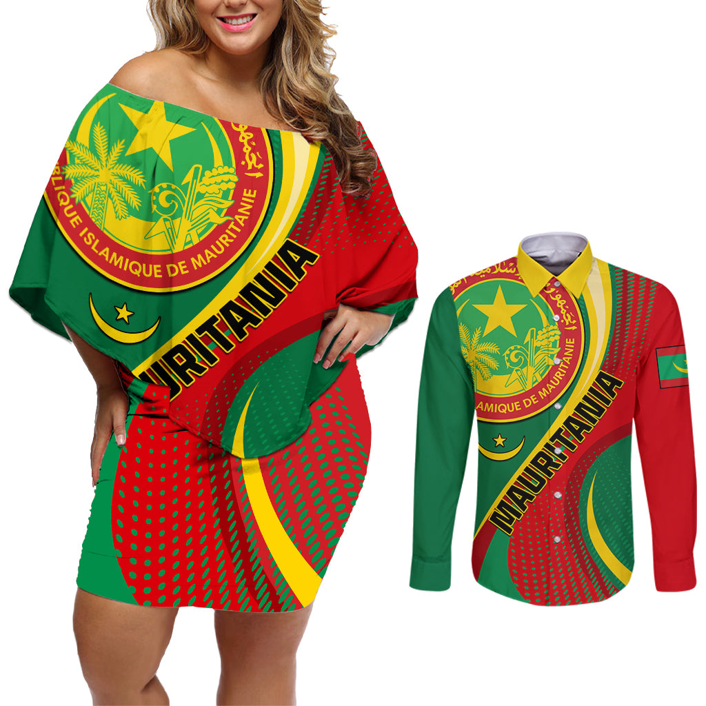 Personalised Mauritania Independence Day Couples Matching Off Shoulder Short Dress and Long Sleeve Button Shirt Mauritanian Seal Special Version - Wonder Print Shop