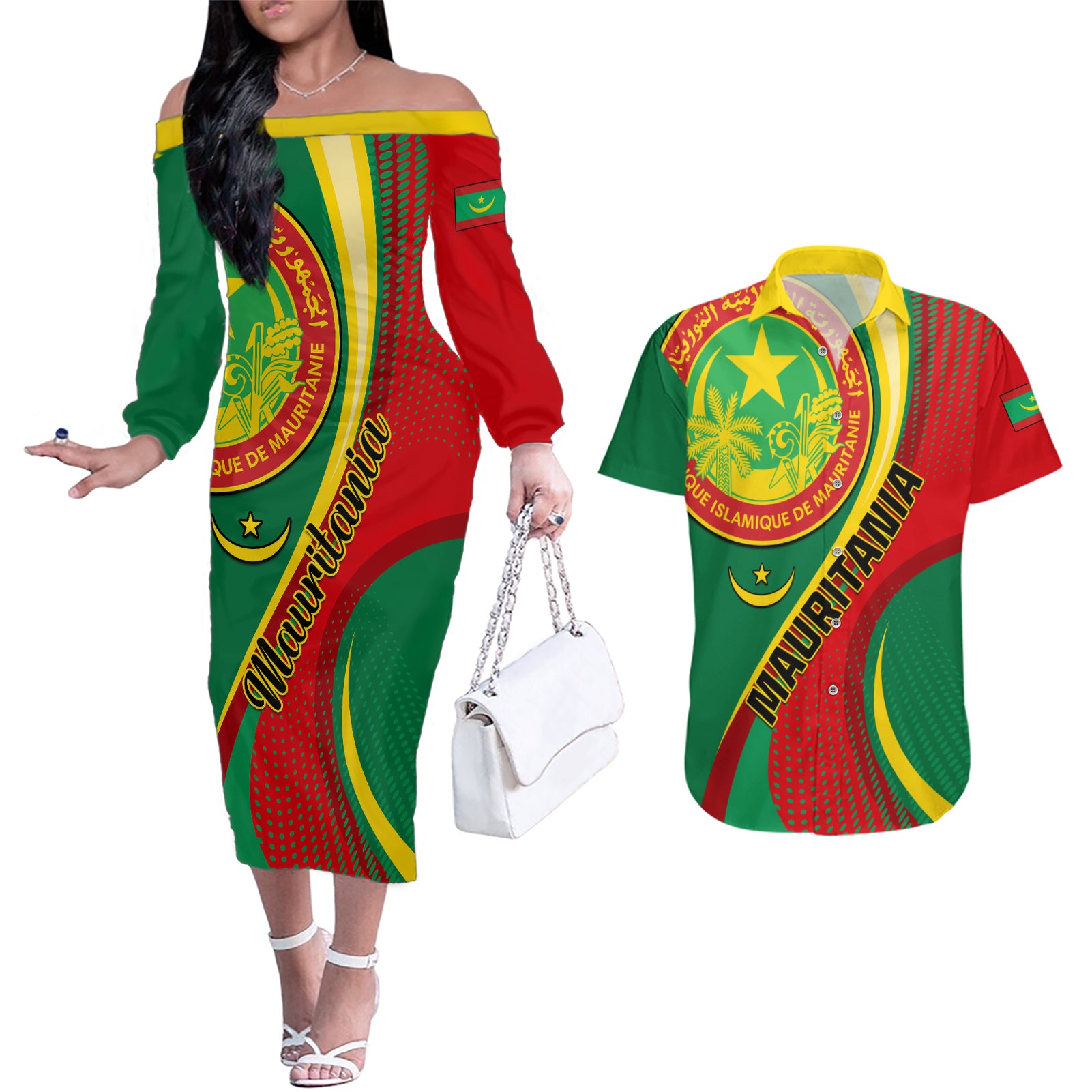 Personalised Mauritania Independence Day Couples Matching Off The Shoulder Long Sleeve Dress and Hawaiian Shirt Mauritanian Seal Special Version - Wonder Print Shop