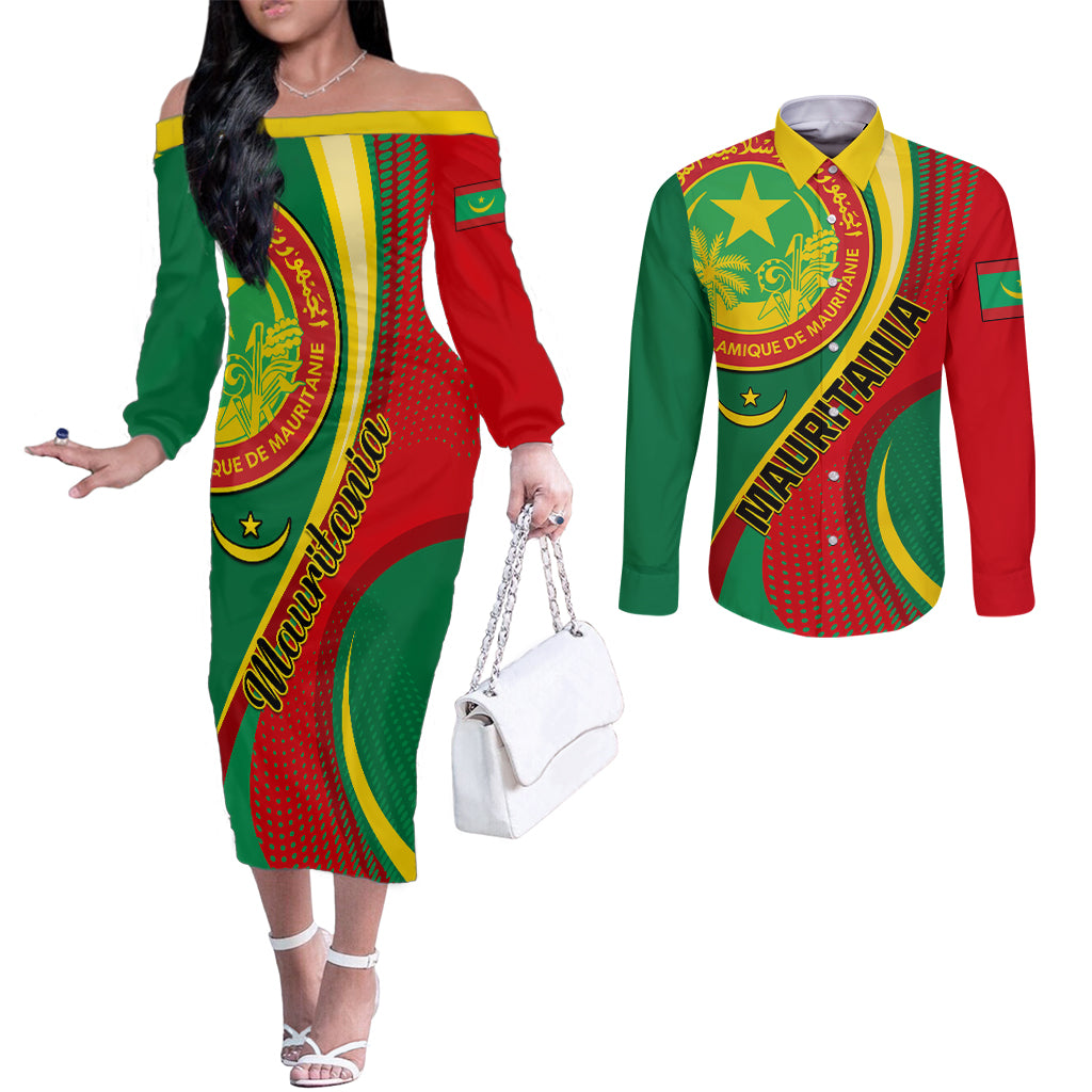 personalised-mauritania-independence-day-couples-matching-off-the-shoulder-long-sleeve-dress-and-long-sleeve-button-shirt-mauritanian-seal-special-version