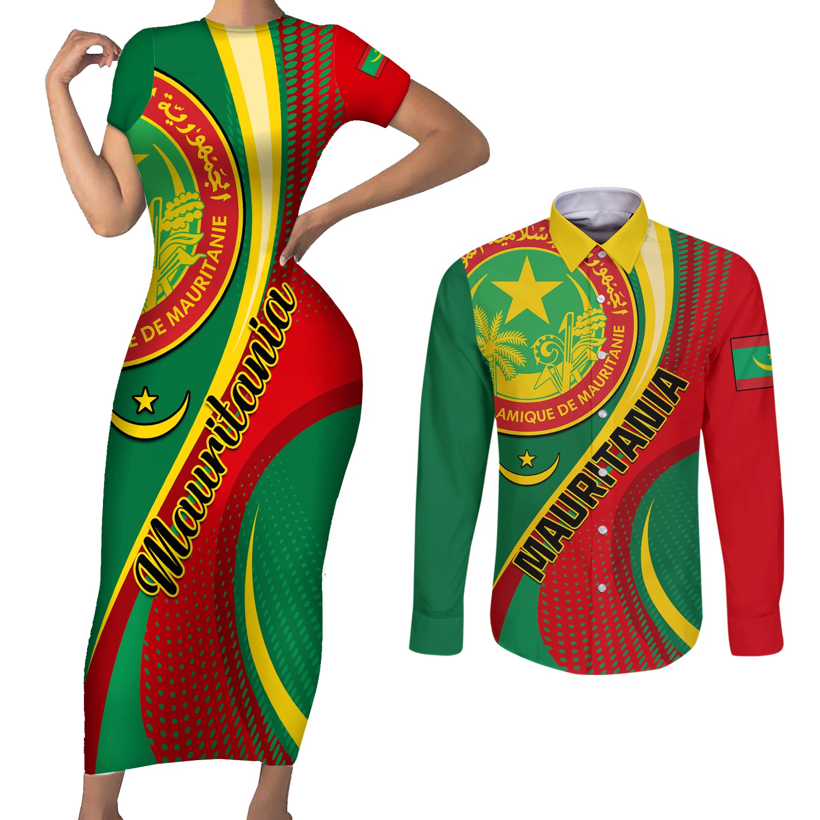 Personalised Mauritania Independence Day Couples Matching Short Sleeve Bodycon Dress and Long Sleeve Button Shirt Mauritanian Seal Special Version - Wonder Print Shop