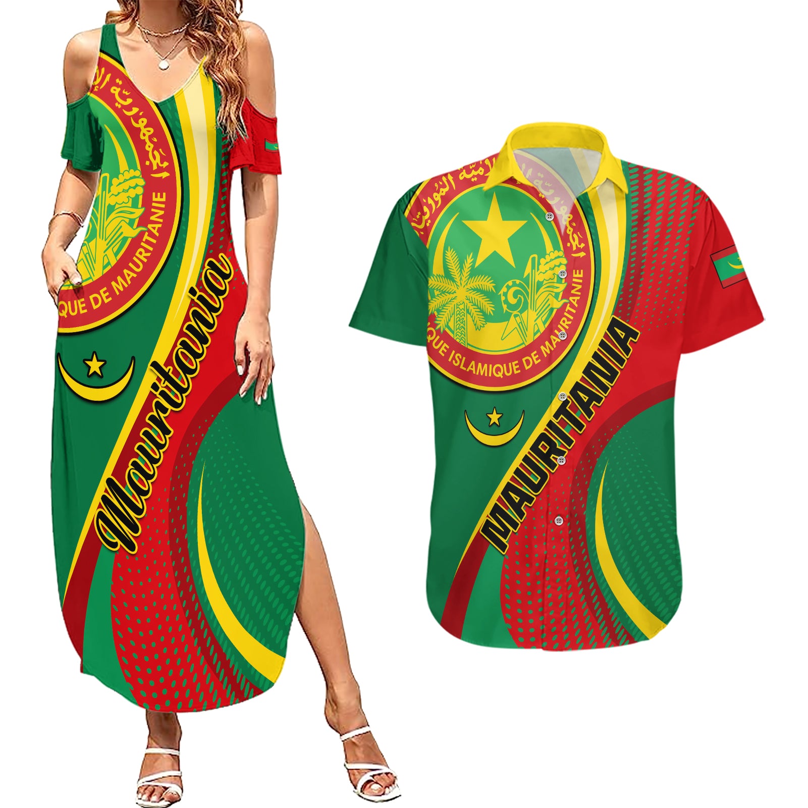 Personalised Mauritania Independence Day Couples Matching Summer Maxi Dress and Hawaiian Shirt Mauritanian Seal Special Version - Wonder Print Shop