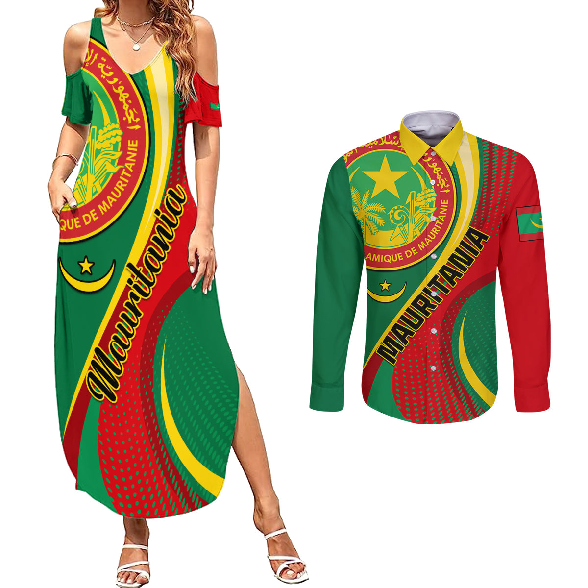 Personalised Mauritania Independence Day Couples Matching Summer Maxi Dress and Long Sleeve Button Shirt Mauritanian Seal Special Version - Wonder Print Shop