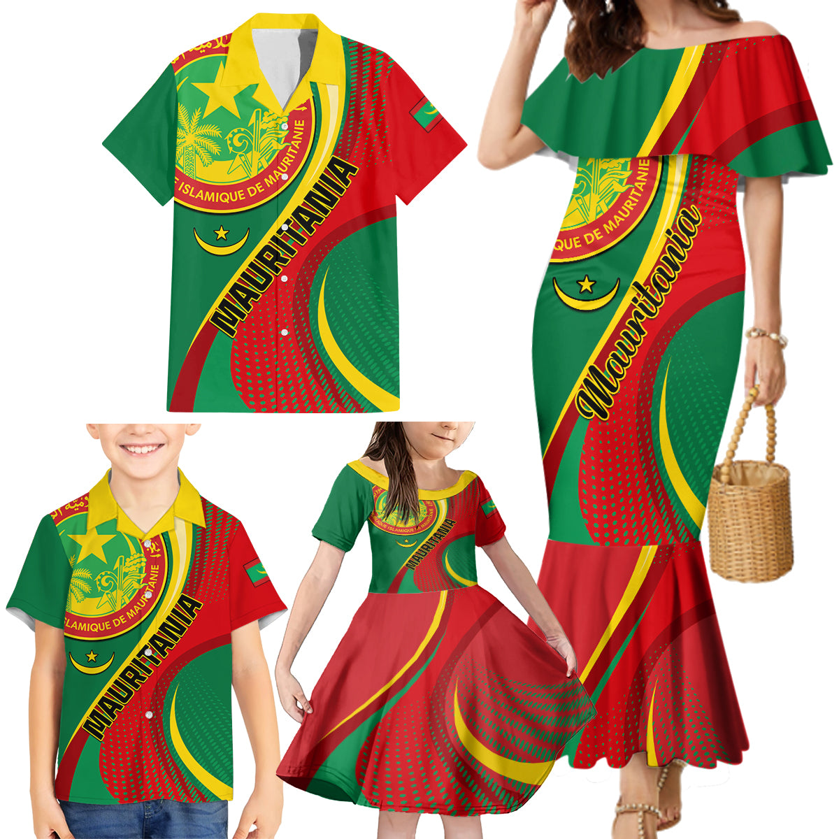 Personalised Mauritania Independence Day Family Matching Mermaid Dress and Hawaiian Shirt Mauritanian Seal Special Version - Wonder Print Shop