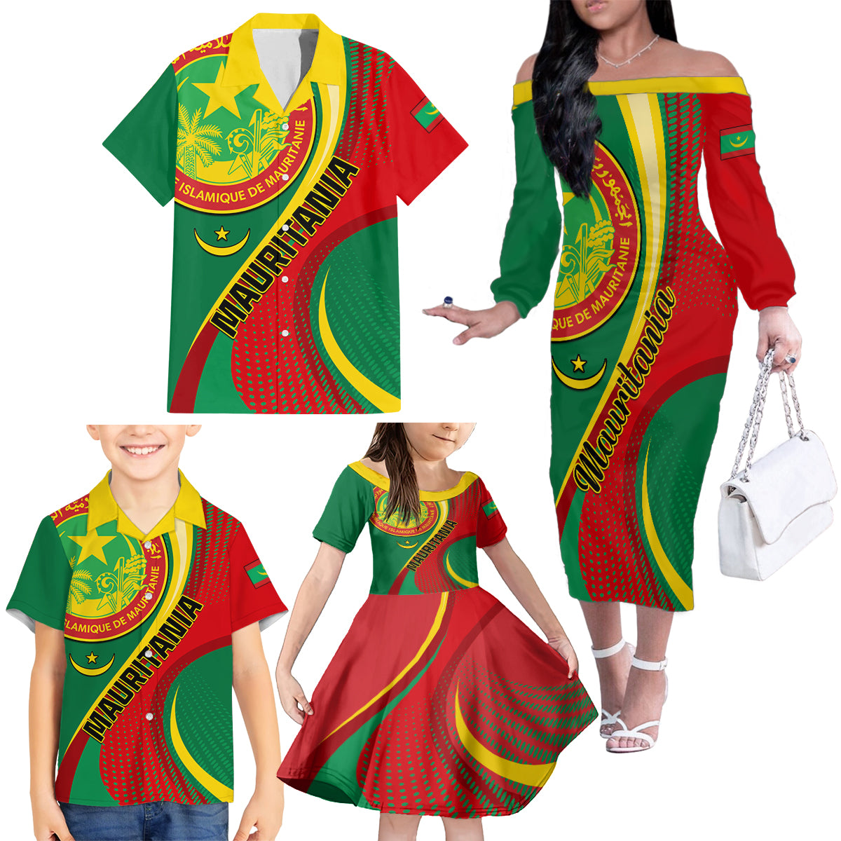 Personalised Mauritania Independence Day Family Matching Off Shoulder Long Sleeve Dress and Hawaiian Shirt Mauritanian Seal Special Version - Wonder Print Shop