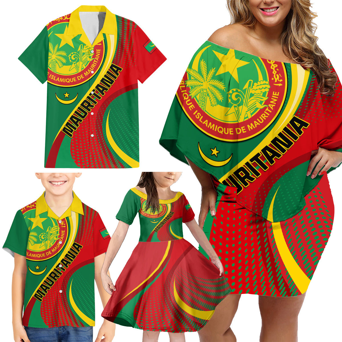 Personalised Mauritania Independence Day Family Matching Off Shoulder Short Dress and Hawaiian Shirt Mauritanian Seal Special Version - Wonder Print Shop