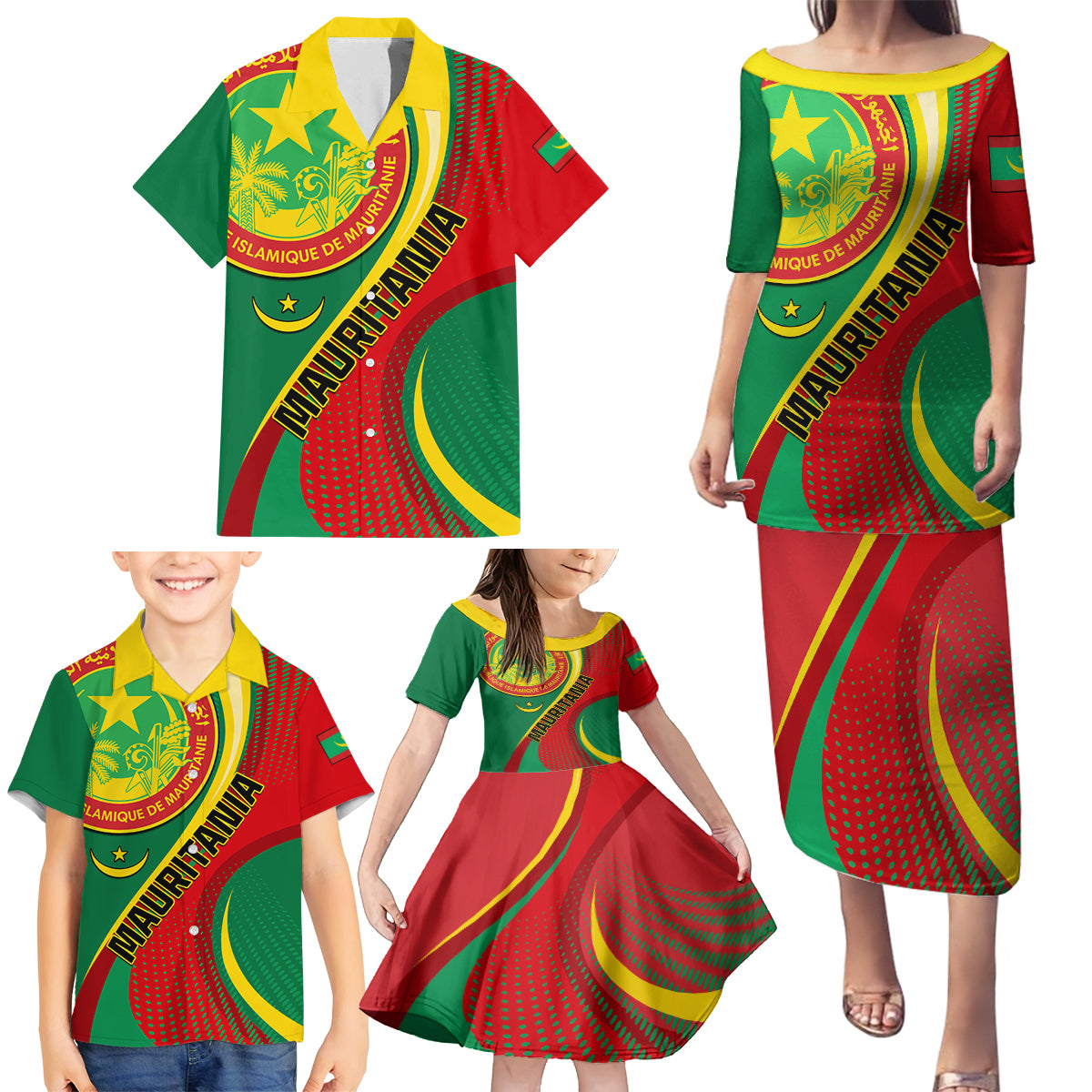 Personalised Mauritania Independence Day Family Matching Puletasi Dress and Hawaiian Shirt Mauritanian Seal Special Version - Wonder Print Shop