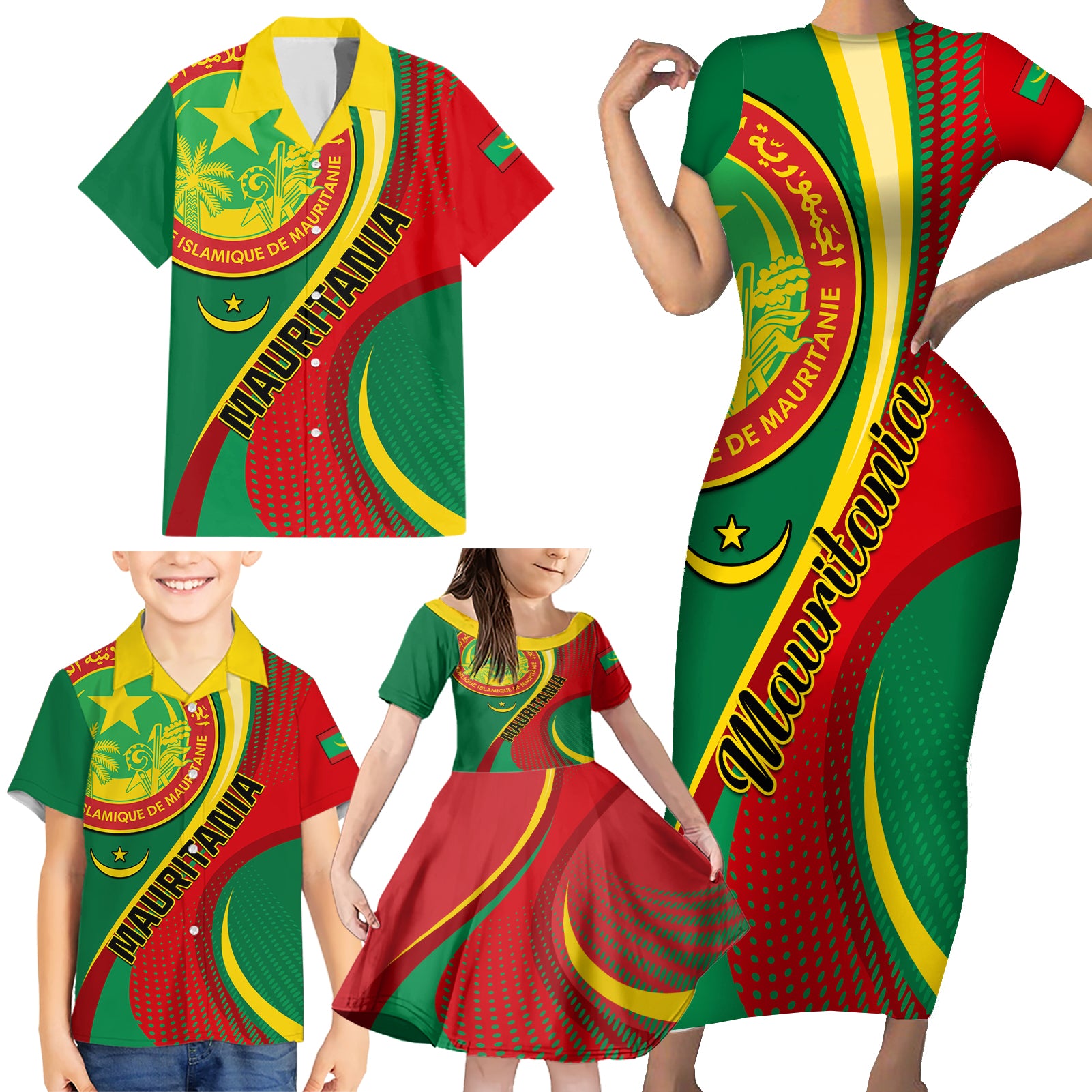 Personalised Mauritania Independence Day Family Matching Short Sleeve Bodycon Dress and Hawaiian Shirt Mauritanian Seal Special Version - Wonder Print Shop